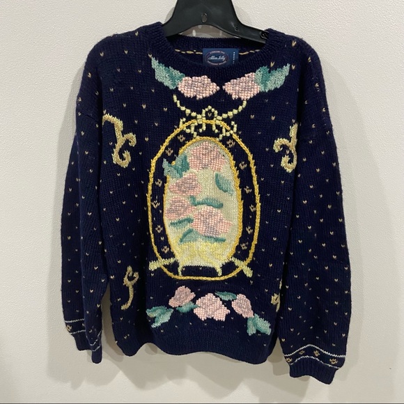 Allen Solly Vintage Wool Ornament Navy Sweater - Picture 7 of 11